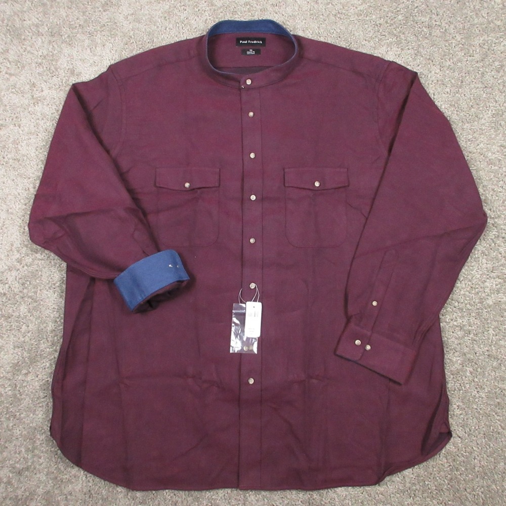 Paul Fredrick Shirt Mens 3XL Red Flip Cuff Flap Pocket Band Collar Button Up NEW
